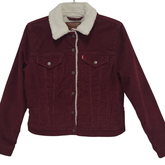 NWT Levi's Original Trucker Jacket Corduroy Sherpa Women's XS Irregular Burgundy - Picture 3 of 16